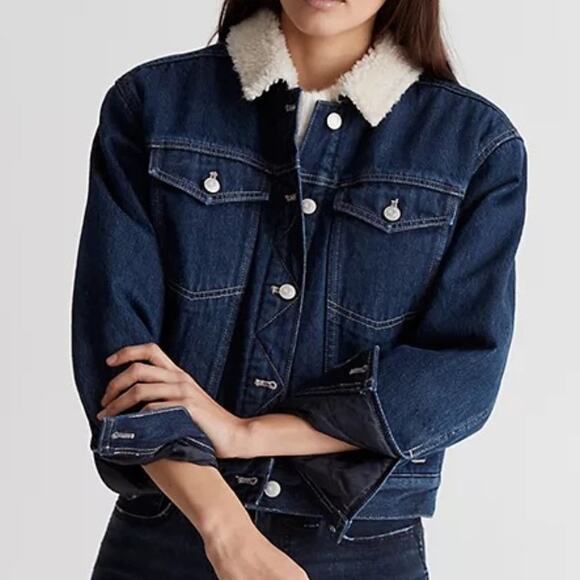 Madewell Cropped Oversized Trucker Jean Jacket with Sherpa Collar Size Small - Picture 1 of 15